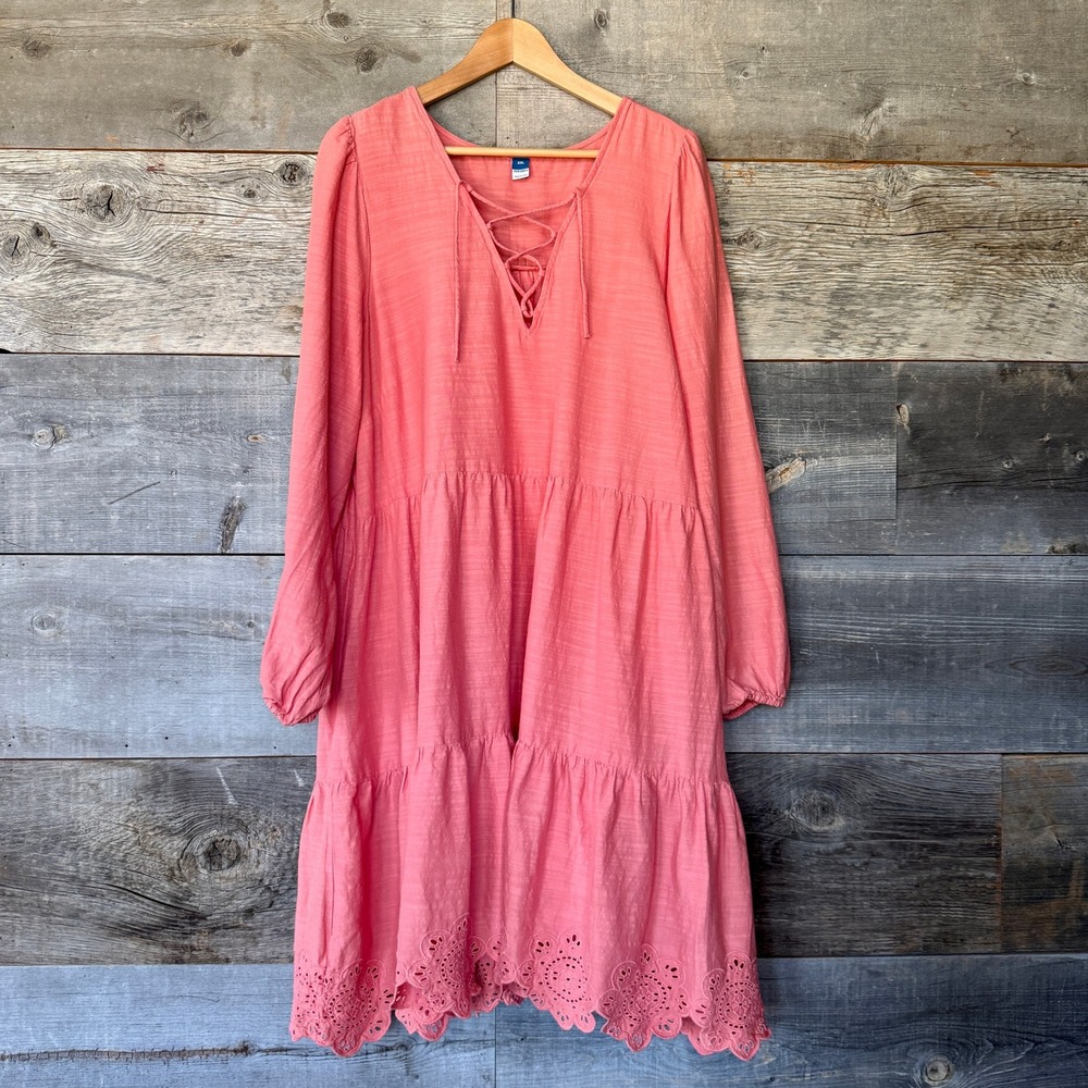Old Navy Tiered Lace-Up Mini Swing Dress XXL Coral Pink Eyelet Peasant Cottage
